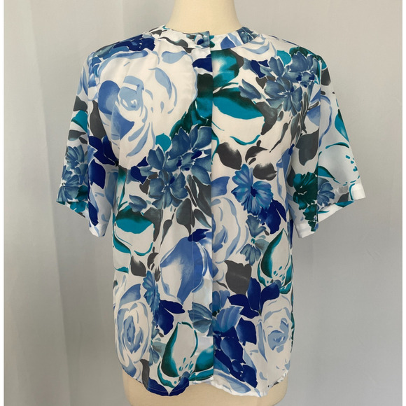 Vintage Blouse Top Size 12 Blue White Floral Short Sleeve Button Casual Office - Picture 1 of 12